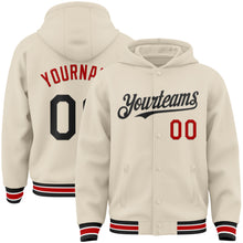 Load image into Gallery viewer, Custom Cream Black Red-White Bomber Full-Snap Varsity Letterman Hoodie Jacket
