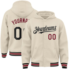 Load image into Gallery viewer, Custom Cream Black Crimson-City Cream Bomber Full-Snap Varsity Letterman Hoodie Jacket
