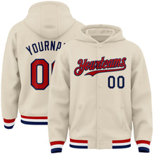 Load image into Gallery viewer, Custom Cream Red Navy-White Bomber Full-Snap Varsity Letterman Hoodie Jacket
