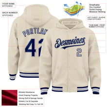 Load image into Gallery viewer, Custom Cream Navy Gray-White Bomber Full-Snap Varsity Letterman Hoodie Jacket
