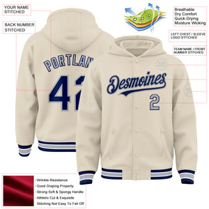 Custom Cream Navy Gray-White Bomber Full-Snap Varsity Letterman Hoodie Jacket