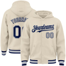 Load image into Gallery viewer, Custom Cream Navy Gray-White Bomber Full-Snap Varsity Letterman Hoodie Jacket
