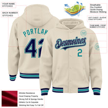 Load image into Gallery viewer, Custom Cream Navy Gray-Teal Bomber Full-Snap Varsity Letterman Hoodie Jacket
