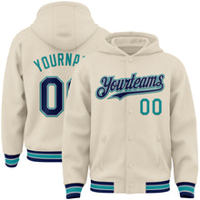 Load image into Gallery viewer, Custom Cream Navy Gray-Teal Bomber Full-Snap Varsity Letterman Hoodie Jacket
