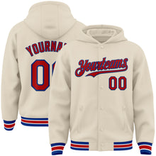 Load image into Gallery viewer, Custom Cream Red Royal-White Bomber Full-Snap Varsity Letterman Hoodie Jacket
