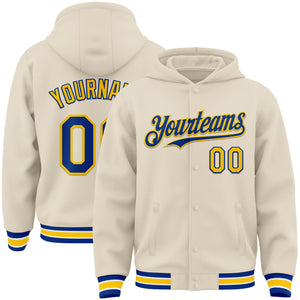 Custom Cream Royal Yellow-White Bomber Full-Snap Varsity Letterman Hoodie Jacket