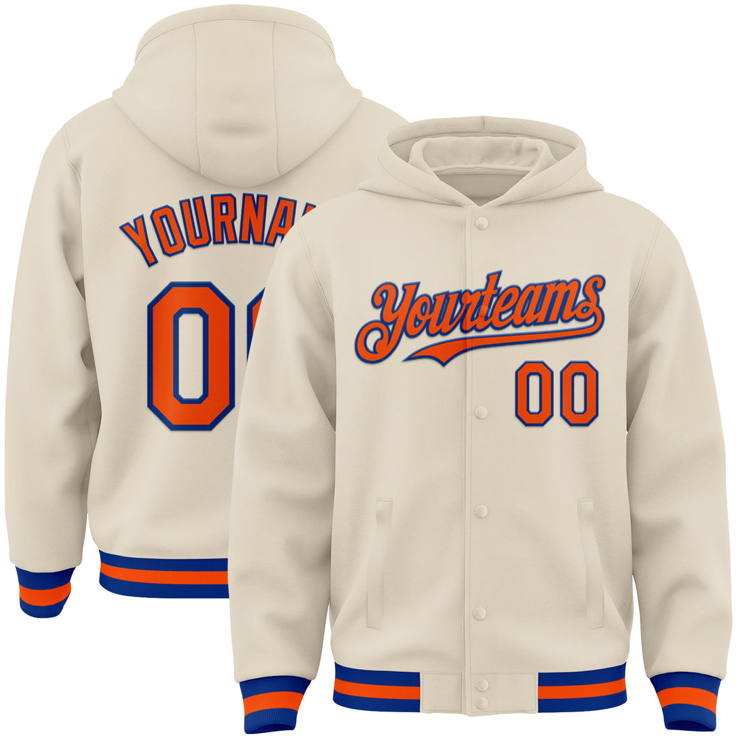 Custom Cream Orange-Royal Bomber Full-Snap Varsity Letterman Hoodie Jacket