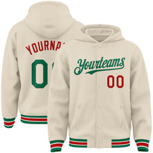 Load image into Gallery viewer, Custom Cream Kelly Green Red-White Bomber Full-Snap Varsity Letterman Hoodie Jacket
