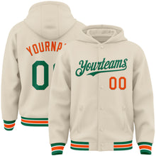 Load image into Gallery viewer, Custom Cream Kelly Green Orange-White Bomber Full-Snap Varsity Letterman Hoodie Jacket
