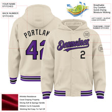 Load image into Gallery viewer, Custom Cream Purple Black-White Bomber Full-Snap Varsity Letterman Hoodie Jacket
