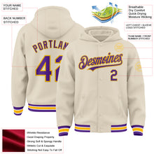 Load image into Gallery viewer, Custom Cream Purple Gold-White Bomber Full-Snap Varsity Letterman Hoodie Jacket
