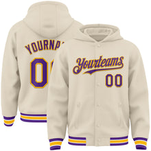 Load image into Gallery viewer, Custom Cream Purple Gold-White Bomber Full-Snap Varsity Letterman Hoodie Jacket
