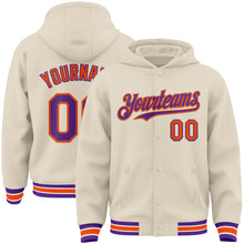 Load image into Gallery viewer, Custom Cream Purple Orange-White Bomber Full-Snap Varsity Letterman Hoodie Jacket
