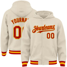 Load image into Gallery viewer, Custom Cream Red-Gold Bomber Full-Snap Varsity Letterman Hoodie Jacket
