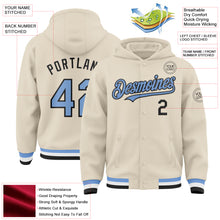 Load image into Gallery viewer, Custom Cream Light Blue Black-White Bomber Full-Snap Varsity Letterman Hoodie Jacket
