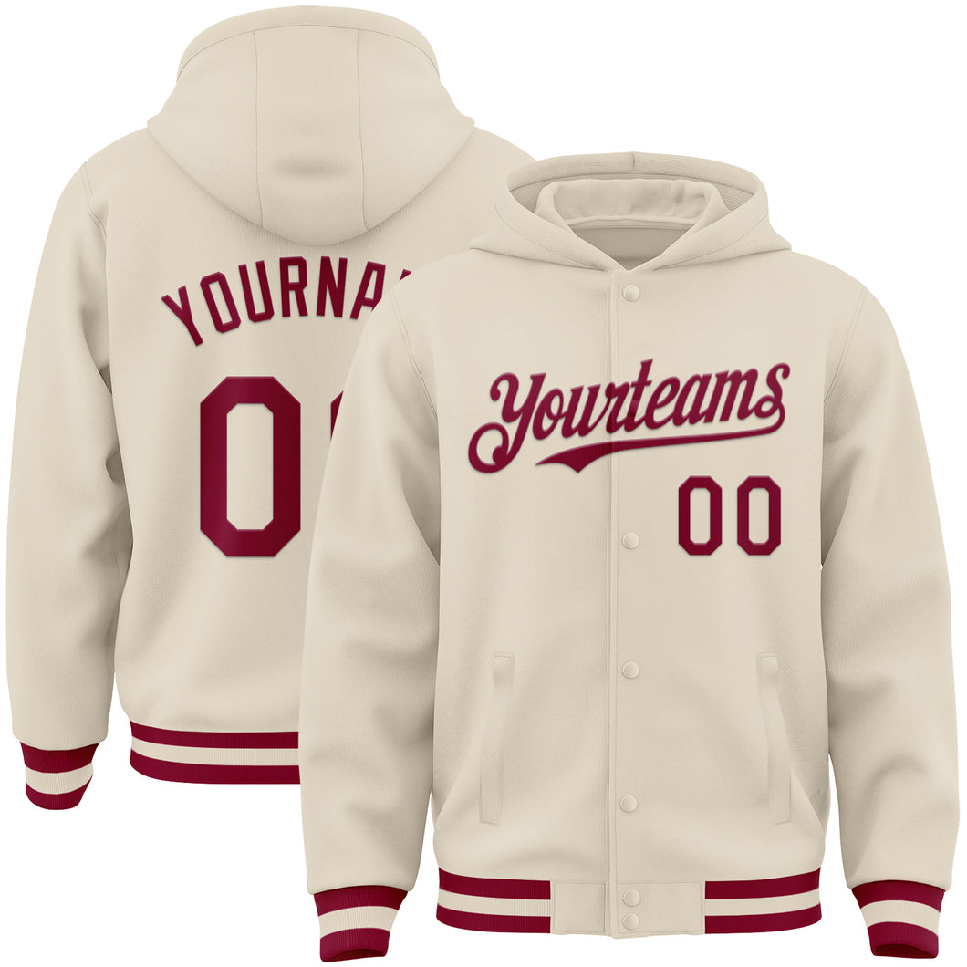 Custom Cream Maroon Bomber Full-Snap Varsity Letterman Hoodie Jacket