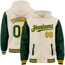 Load image into Gallery viewer, Custom Cream Green-Gold Bomber Full-Snap Varsity Letterman Two Tone Hoodie Jacket
