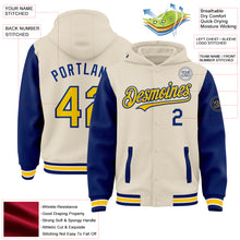 Load image into Gallery viewer, Custom Cream Yellow Royal-White Bomber Full-Snap Varsity Letterman Two Tone Hoodie Jacket
