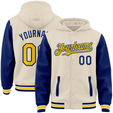 Load image into Gallery viewer, Custom Cream Yellow Royal-White Bomber Full-Snap Varsity Letterman Two Tone Hoodie Jacket
