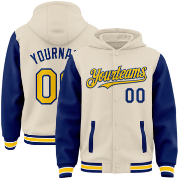 Custom Cream Yellow Royal-White Bomber Full-Snap Varsity Letterman Two Tone Hoodie Jacket