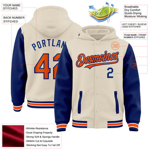 Custom Cream Orange Royal-White Bomber Full-Snap Varsity Letterman Two Tone Hoodie Jacket