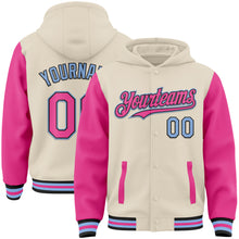 Load image into Gallery viewer, Custom Cream Pink Black-Light Blue Bomber Full-Snap Varsity Letterman Two Tone Hoodie Jacket
