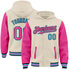 Load image into Gallery viewer, Custom Cream Pink Black-Sky Blue Bomber Full-Snap Varsity Letterman Two Tone Hoodie Jacket
