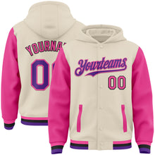 Load image into Gallery viewer, Custom Cream Purple Pink-Black Bomber Full-Snap Varsity Letterman Two Tone Hoodie Jacket
