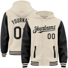 Load image into Gallery viewer, Custom Cream Black Bomber Full-Snap Varsity Letterman Two Tone Hoodie Jacket
