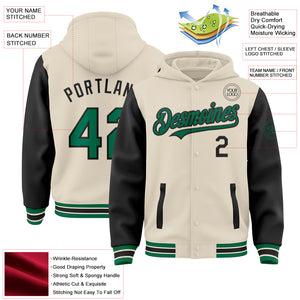 Custom Cream Kelly Green-Black Bomber Full-Snap Varsity Letterman Two Tone Hoodie Jacket