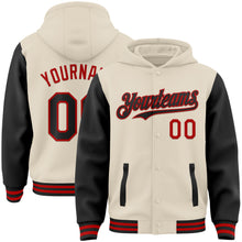 Load image into Gallery viewer, Custom Cream Black-Red Bomber Full-Snap Varsity Letterman Two Tone Hoodie Jacket
