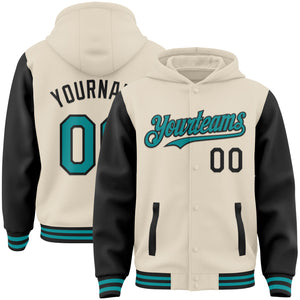 Custom Cream Teal-Black Bomber Full-Snap Varsity Letterman Two Tone Hoodie Jacket