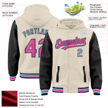 Load image into Gallery viewer, Custom Cream Pink Black-Light Blue Bomber Full-Snap Varsity Letterman Two Tone Hoodie Jacket
