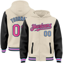 Load image into Gallery viewer, Custom Cream Pink Black-Light Blue Bomber Full-Snap Varsity Letterman Two Tone Hoodie Jacket
