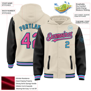 Custom Cream Pink Black-Sky Blue Bomber Full-Snap Varsity Letterman Two Tone Hoodie Jacket