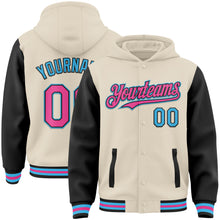 Load image into Gallery viewer, Custom Cream Pink Black-Sky Blue Bomber Full-Snap Varsity Letterman Two Tone Hoodie Jacket
