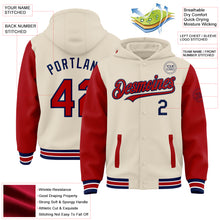 Load image into Gallery viewer, Custom Cream Red Navy-White Bomber Full-Snap Varsity Letterman Two Tone Hoodie Jacket
