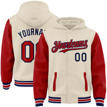 Load image into Gallery viewer, Custom Cream Red Navy-White Bomber Full-Snap Varsity Letterman Two Tone Hoodie Jacket
