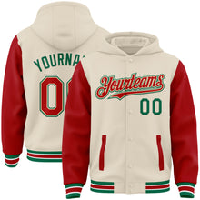 Load image into Gallery viewer, Custom Cream Red Kelly Green-White Bomber Full-Snap Varsity Letterman Two Tone Hoodie Jacket
