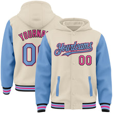 Load image into Gallery viewer, Custom Cream Light Blue Black-Pink Bomber Full-Snap Varsity Letterman Two Tone Hoodie Jacket
