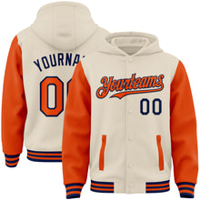 Load image into Gallery viewer, Custom Cream Orange-Navy Bomber Full-Snap Varsity Letterman Two Tone Hoodie Jacket
