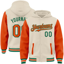 Load image into Gallery viewer, Custom Cream Orange Kelly Green-White Bomber Full-Snap Varsity Letterman Two Tone Hoodie Jacket
