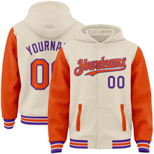 Load image into Gallery viewer, Custom Cream Orange Purple-White Bomber Full-Snap Varsity Letterman Two Tone Hoodie Jacket
