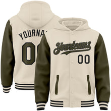 Load image into Gallery viewer, Custom Cream Olive-Black Bomber Full-Snap Varsity Letterman Two Tone Hoodie Jacket
