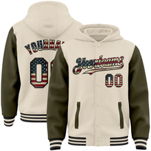 Load image into Gallery viewer, Custom Cream Vintage USA Flag Olive-Black Bomber Full-Snap Varsity Letterman Two Tone Hoodie Jacket
