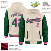 Load image into Gallery viewer, Custom Cream Kelly Green-Pink Bomber Full-Snap Varsity Letterman Two Tone Hoodie Jacket
