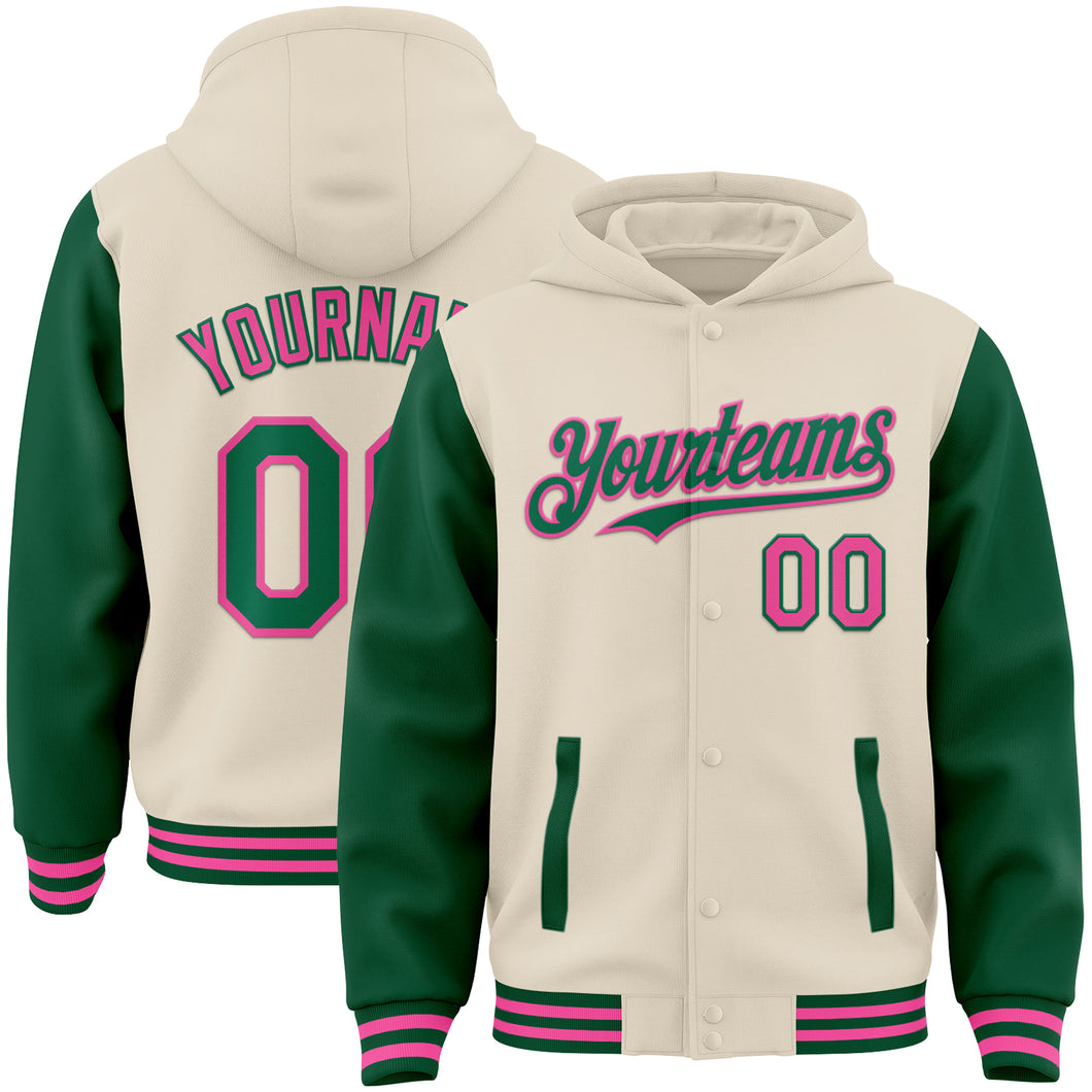 Custom Cream Kelly Green-Pink Bomber Full-Snap Varsity Letterman Two Tone Hoodie Jacket