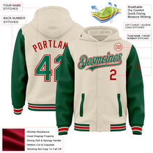 Load image into Gallery viewer, Custom Cream Kelly Green Red-White Bomber Full-Snap Varsity Letterman Two Tone Hoodie Jacket
