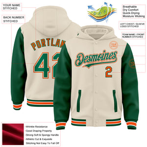 Custom Cream Kelly Green Orange-White Bomber Full-Snap Varsity Letterman Two Tone Hoodie Jacket