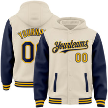 Load image into Gallery viewer, Custom Cream Navy-Gold Bomber Full-Snap Varsity Letterman Two Tone Hoodie Jacket
